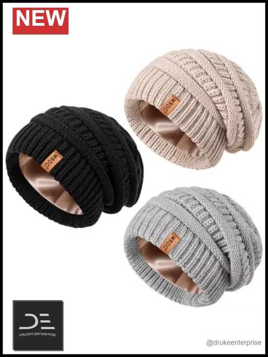 3 Pack Satin Lined Beanie, Warm Slouchy Winter Hats, Oversized Cable Knit Skull
